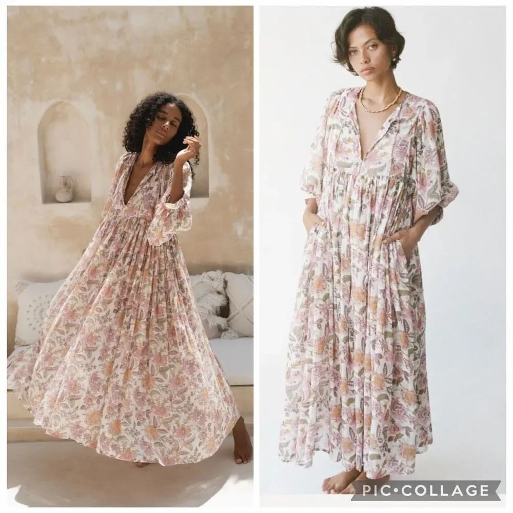 Floral leaf printed boho flowy ballon sleeve relaxed fit maxi dress